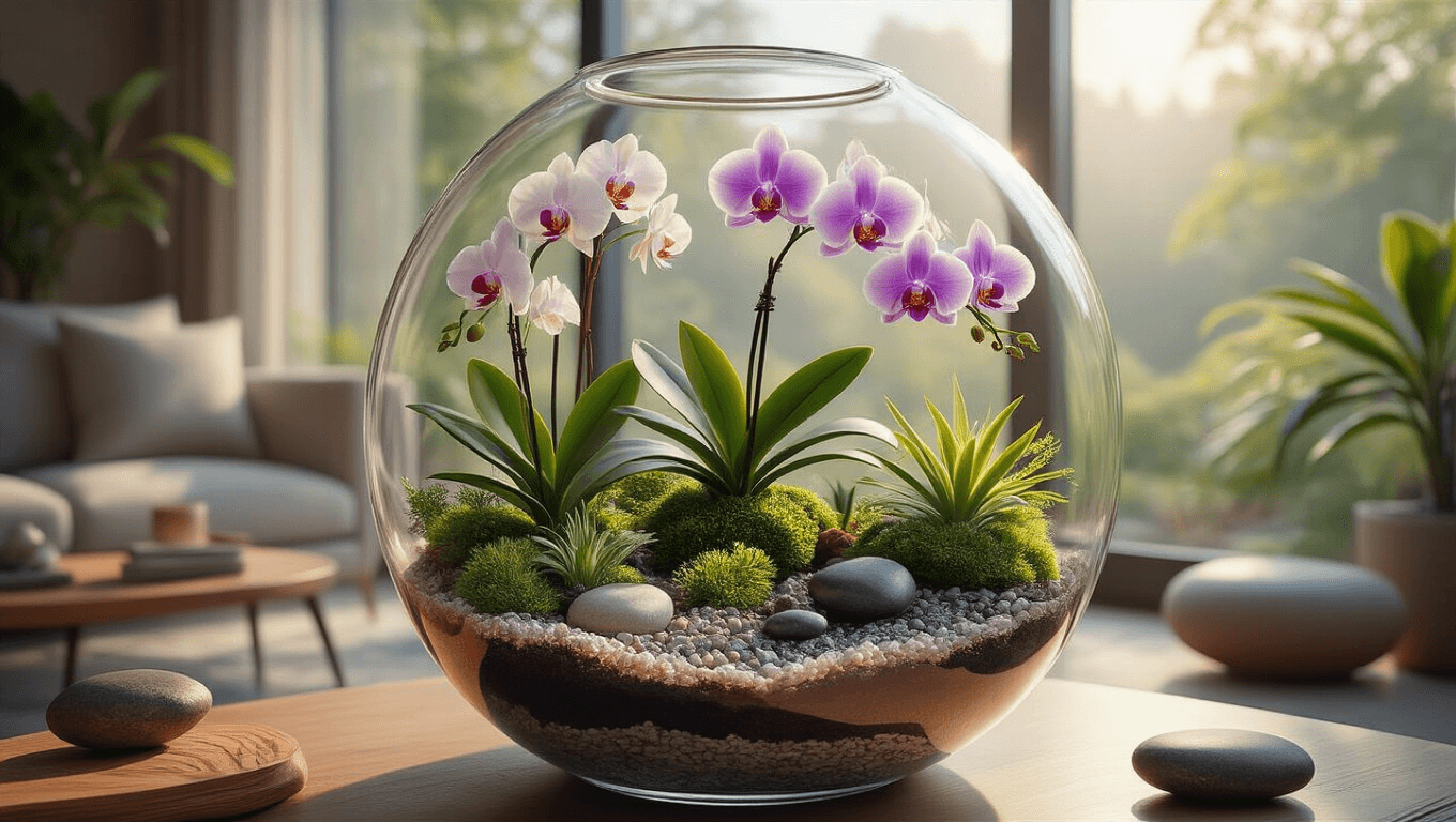 A beautifully crafted glass terrarium displaying vibrant Masdevallia and Dracula orchids, layered with pebbles, charcoal, and moss, illuminated by soft morning light in a contemporary living room.