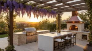 Covered Outdoor Kitchens: Your Ultimate Guide to Year-Round Backyard Cooking and Entertainment Luxurious outdoor kitchen under a cedar pergola at sunset, featuring Mediterranean cream stone countertops, stainless steel grill, wisteria vines, quartz island with ivory seating, and artisanal pizza oven, set in a manicured garden with warm lighting and natural lens flare.