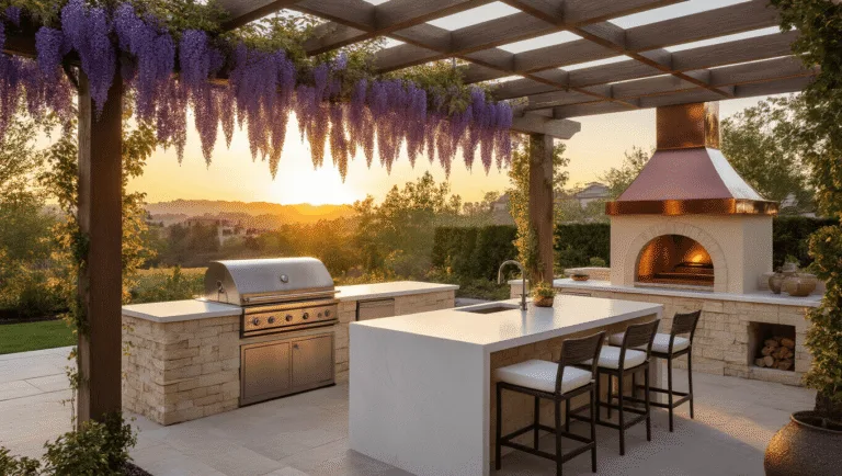 Luxurious outdoor kitchen under a cedar pergola at sunset, featuring Mediterranean cream stone countertops, stainless steel grill, wisteria vines, quartz island with ivory seating, and artisanal pizza oven, set in a manicured garden with warm lighting and natural lens flare.