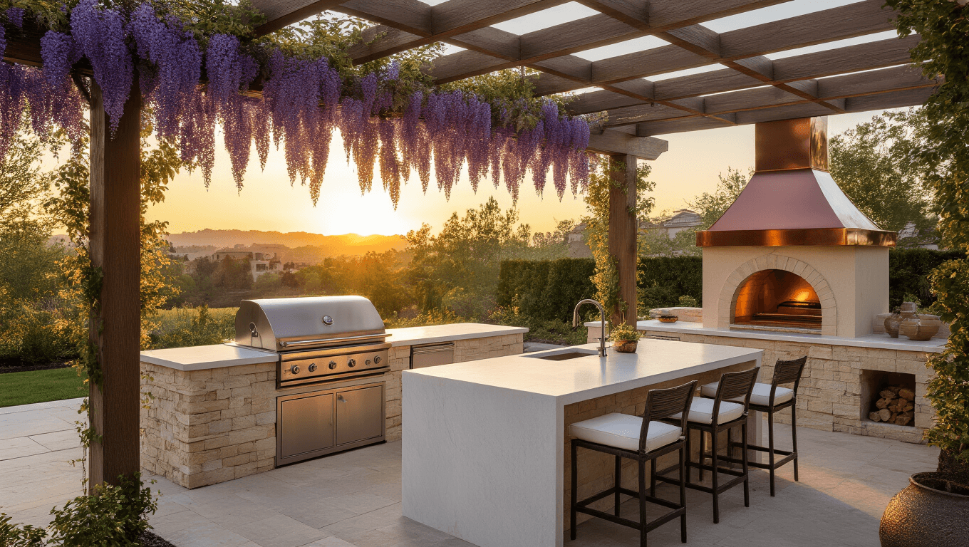 Luxurious outdoor kitchen under a cedar pergola at sunset, featuring Mediterranean cream stone countertops, stainless steel grill, wisteria vines, quartz island with ivory seating, and artisanal pizza oven, set in a manicured garden with warm lighting and natural lens flare.