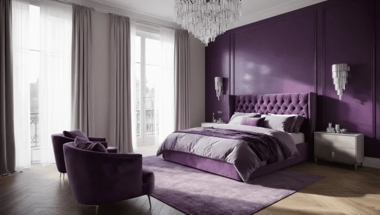 Photorealistic interior of a luxurious purple master bedroom featuring a deep purple accent wall, plush king-size bed with lavender velvet headboard, layered bedding, crystal chandelier, and elegant decor, bathed in soft golden hour light.