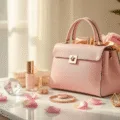 A blush pink leather designer handbag styled as a luxury gift basket on a white marble counter, showcasing rose gold accessories and silk beauty items, surrounded by rose petals and metallic props, captured in warm natural light with a shallow depth of field.