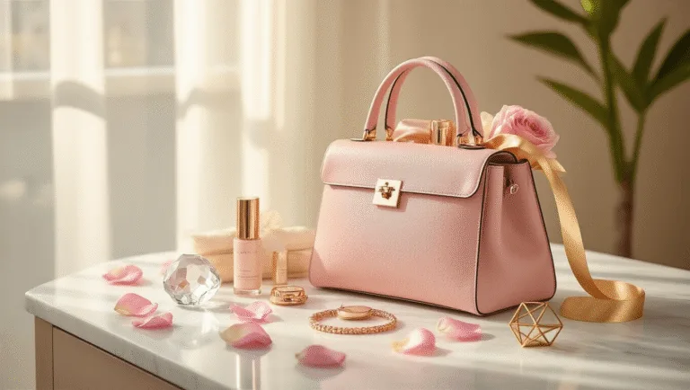 A blush pink leather designer handbag styled as a luxury gift basket on a white marble counter, showcasing rose gold accessories and silk beauty items, surrounded by rose petals and metallic props, captured in warm natural light with a shallow depth of field.