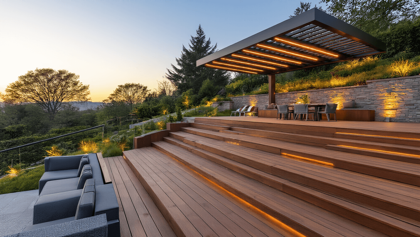 A luxurious multi-level deck in a terraced garden during sunset, featuring rich walnut composite decking, modern glass railings, sleek outdoor furniture, and a contemporary pergola, all bathed in warm golden light.