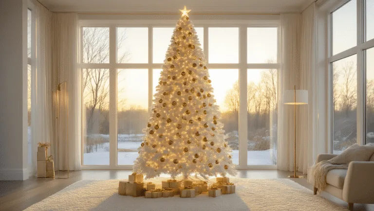 Photorealistic image of a 9-foot white Christmas tree adorned with gold decorations in a luxurious living room, illuminated by soft white LED lights and warm sunlight, highlighting the tree's grandeur against cream walls and minimalist furniture.
