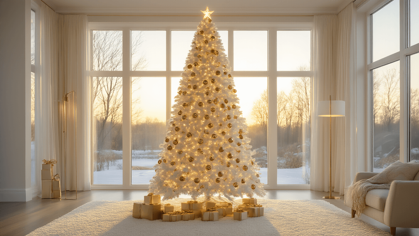 Photorealistic image of a 9-foot white Christmas tree adorned with gold decorations in a luxurious living room, illuminated by soft white LED lights and warm sunlight, highlighting the tree's grandeur against cream walls and minimalist furniture.