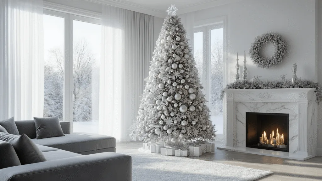 White and Silver Christmas Tree Decorations: Your Ultimate Guide to a Winter Wonderland A photorealistic image of a luxurious 9-foot flocked Christmas tree in a modern living room, adorned with oversized silver and white ornaments, with winter light streaming through sheer curtains, highlighting a grey velvet sectional sofa and a white marble fireplace.