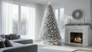 White and Silver Christmas Tree Decorations: Your Ultimate Guide to a Winter Wonderland A photorealistic image of a luxurious 9-foot flocked Christmas tree in a modern living room, adorned with oversized silver and white ornaments, with winter light streaming through sheer curtains, highlighting a grey velvet sectional sofa and a white marble fireplace.