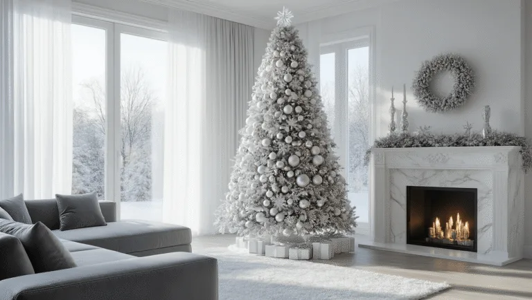 A photorealistic image of a luxurious 9-foot flocked Christmas tree in a modern living room, adorned with oversized silver and white ornaments, with winter light streaming through sheer curtains, highlighting a grey velvet sectional sofa and a white marble fireplace.