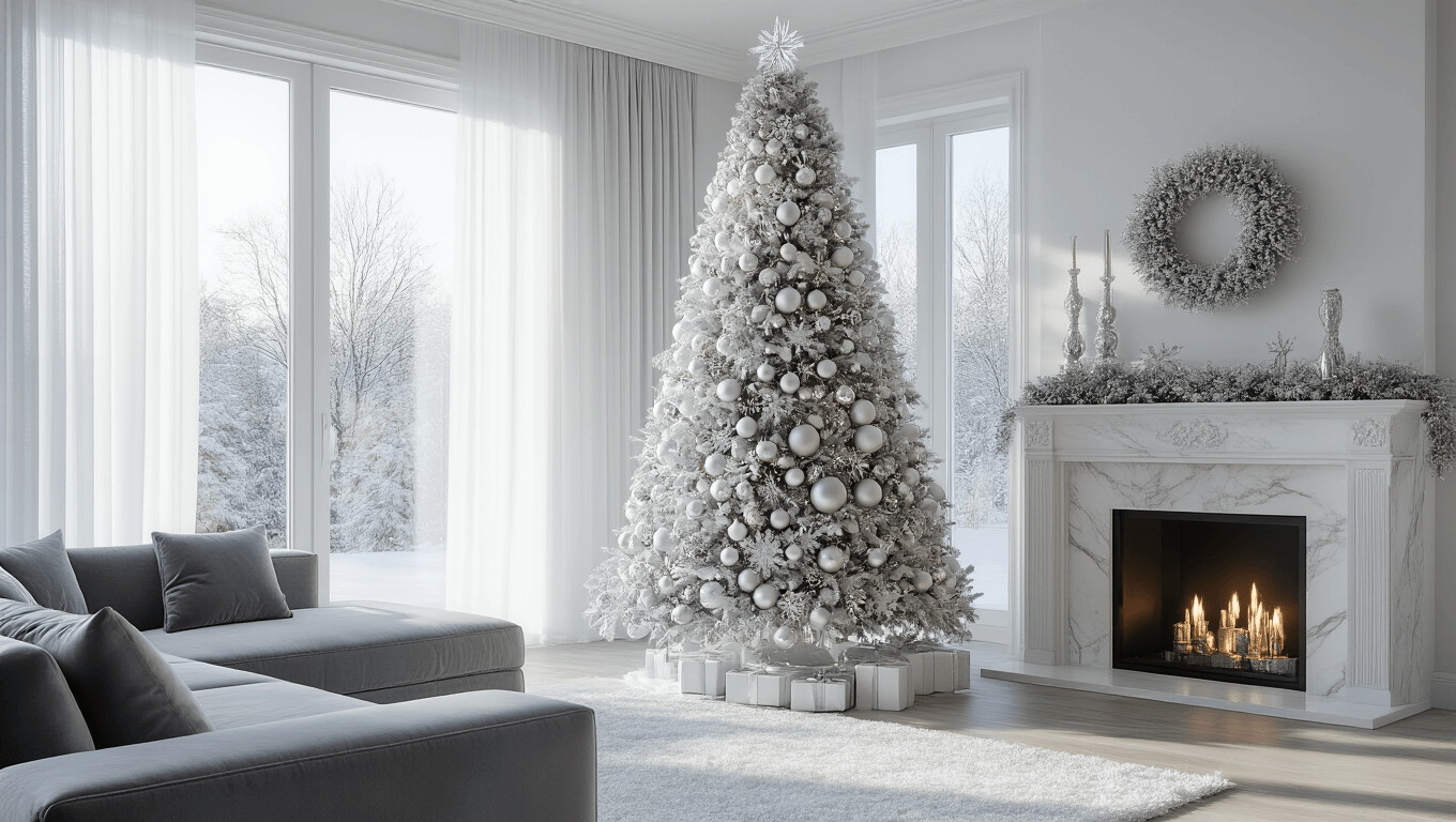 A photorealistic image of a luxurious 9-foot flocked Christmas tree in a modern living room, adorned with oversized silver and white ornaments, with winter light streaming through sheer curtains, highlighting a grey velvet sectional sofa and a white marble fireplace.
