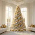 A photorealistic wide shot of an elegant living room featuring a majestic 9-foot flocked white Christmas tree adorned with gold ribbon and white and gold ornaments, illuminated by warm sunlight filtering through sheer white curtains, with a modern white leather sectional, crystal chandelier, and wrapped presents, all set in a warm, inviting atmosphere.