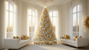 White and Gold Christmas Tree: A Luxurious Holiday Masterpiece A photorealistic wide shot of an elegant living room featuring a majestic 9-foot flocked white Christmas tree adorned with gold ribbon and white and gold ornaments, illuminated by warm sunlight filtering through sheer white curtains, with a modern white leather sectional, crystal chandelier, and wrapped presents, all set in a warm, inviting atmosphere.