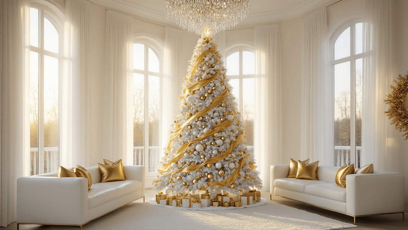 A photorealistic wide shot of an elegant living room featuring a majestic 9-foot flocked white Christmas tree adorned with gold ribbon and white and gold ornaments, illuminated by warm sunlight filtering through sheer white curtains, with a modern white leather sectional, crystal chandelier, and wrapped presents, all set in a warm, inviting atmosphere.