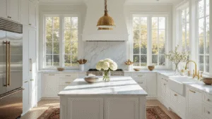 White Shaker Kitchen Cabinets: The Ultimate Design Guide for Timeless Elegance Photorealistic image of a bright, airy kitchen with white shaker cabinets, a Carrara marble island, brass hardware, stainless steel appliances, and natural morning light streaming through floor-to-ceiling windows, featuring decorative elements like a vintage runner and white hydrangeas.