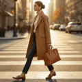 A sophisticated woman in a camel wool coat walks on a sunlit Manhattan street corner during golden hour, wearing a cream cashmere turtleneck and dark high-waisted jeans, complemented by cognac leather loafers and a structured leather tote, with pearl studs in her sleek low bun.