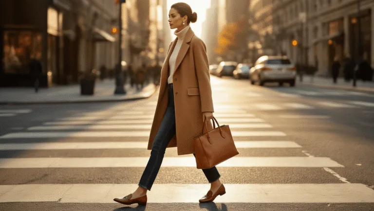 A sophisticated woman in a camel wool coat walks on a sunlit Manhattan street corner during golden hour, wearing a cream cashmere turtleneck and dark high-waisted jeans, complemented by cognac leather loafers and a structured leather tote, with pearl studs in her sleek low bun.