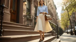 10 Timeless Old Money Skirt Outfits That Never Go Out of Style A stylish woman wearing a cream pleated midi skirt, light blue oxford shirt, and brown leather penny loafers descends sunlit brownstone steps in Manhattan, carrying a vintage structured handbag, with pearl earrings glinting in the morning light amidst muted warm tones and architectural details in soft focus.