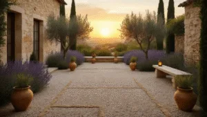 Gravel Courtyard Gardens: Your Ultimate Guide to Low-Maintenance, Stylish Outdoor Spaces Wide-angle shot of a Mediterranean gravel courtyard garden at sunset, featuring honey-colored gravel patterns, weathered limestone edges, blooming lavender, olive trees in terracotta pots, rustic stone bench with copper lanterns, and ancient stone walls with climbing jasmine, all beautifully illuminated by golden hour light.