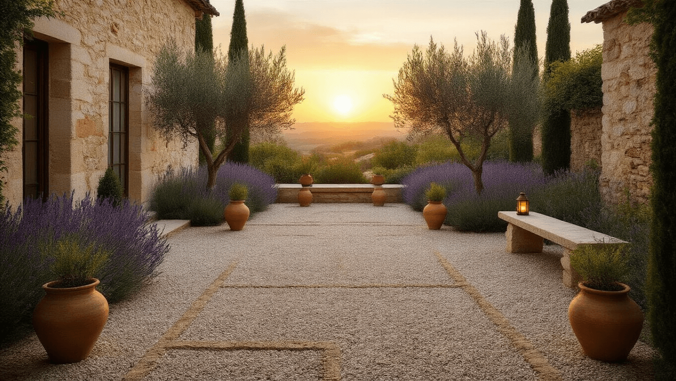 Wide-angle shot of a Mediterranean gravel courtyard garden at sunset, featuring honey-colored gravel patterns, weathered limestone edges, blooming lavender, olive trees in terracotta pots, rustic stone bench with copper lanterns, and ancient stone walls with climbing jasmine, all beautifully illuminated by golden hour light.