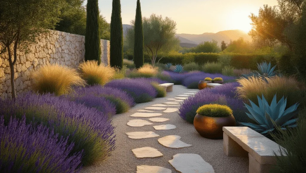 A hyperrealistic photograph of a modern Mediterranean gravel garden at golden hour, showcasing vibrant purple lavender, blue catmint, tall cypress trees, limestone pathways, weathered copper containers with sedums, backlit ornamental grasses, blue-green agaves, limestone benches, rusted Corten steel sculptures, and dramatic lighting casting long shadows with a soft bokeh effect in the background.