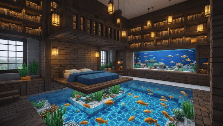 A Minecraft-inspired bedroom featuring a lofted bed above a vibrant aquarium wall, with ambient lighting, dark oak accents, ceiling-height bookshelves, and polished quartz floors illuminated by evening sunlight.