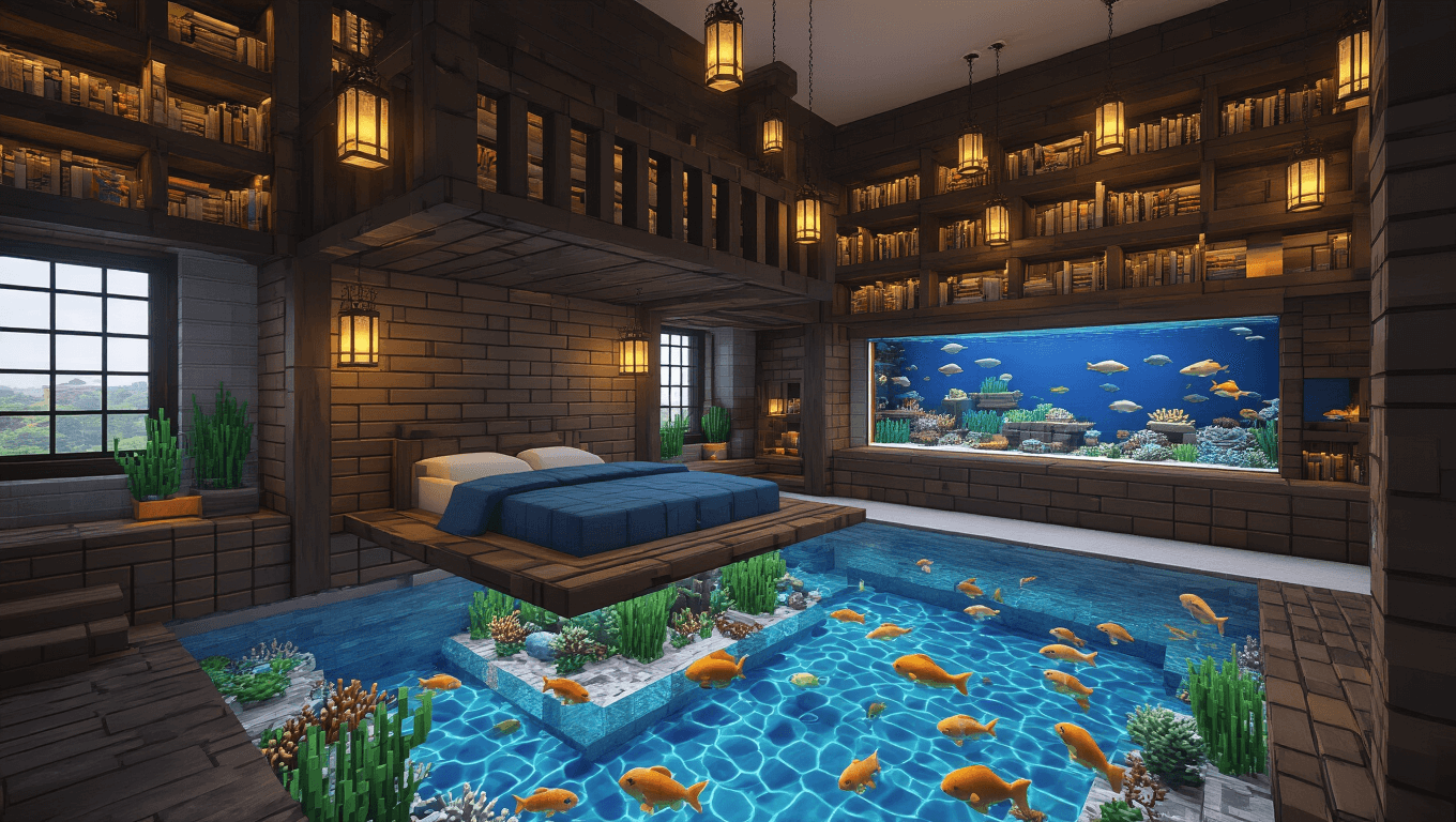 A Minecraft-inspired bedroom featuring a lofted bed above a vibrant aquarium wall, with ambient lighting, dark oak accents, ceiling-height bookshelves, and polished quartz floors illuminated by evening sunlight.
