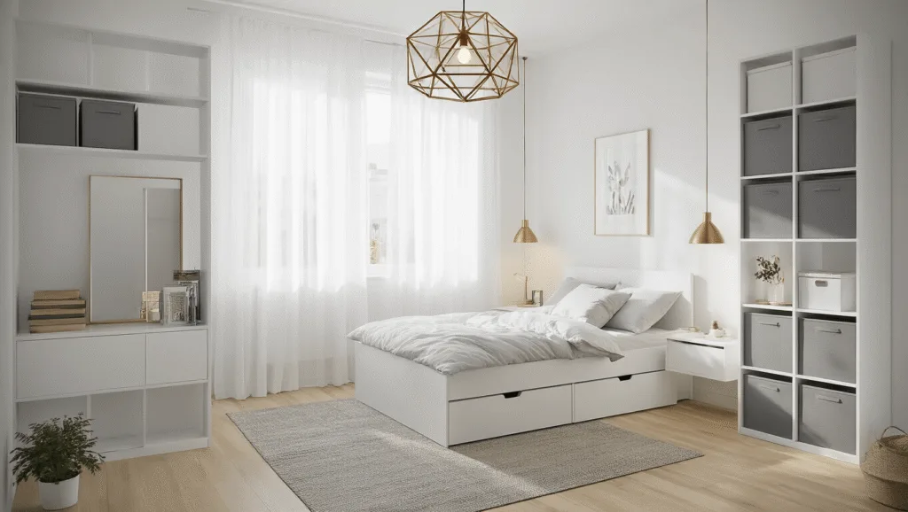 Maximize Your Tiny Bedroom: Ultimate Space-Saving Design Guide A bright Scandinavian-style bedroom featuring a white MALM bed, floating nightstands, and floor-to-ceiling shelving units, illuminated by natural light through sheer curtains, with a minimalist decor of a monstera plant and neutral bedding.