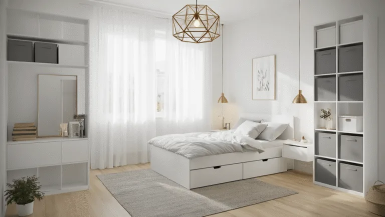 A bright Scandinavian-style bedroom featuring a white MALM bed, floating nightstands, and floor-to-ceiling shelving units, illuminated by natural light through sheer curtains, with a minimalist decor of a monstera plant and neutral bedding.