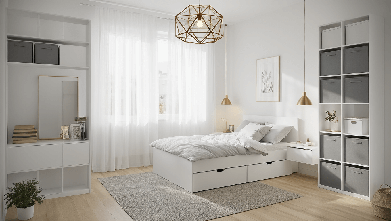 A bright Scandinavian-style bedroom featuring a white MALM bed, floating nightstands, and floor-to-ceiling shelving units, illuminated by natural light through sheer curtains, with a minimalist decor of a monstera plant and neutral bedding.