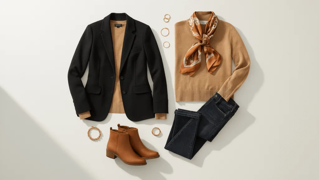 A minimalist flatlay of a fall capsule wardrobe featuring a camel cashmere sweater, black wool blazer, dark-wash jeans, and cognac leather ankle boots on a white background, accented with gold jewelry and a vintage-inspired silk scarf, captured in natural light.