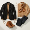 A minimalist flatlay of a fall capsule wardrobe featuring a camel cashmere sweater, black wool blazer, dark-wash jeans, and cognac leather ankle boots on a white background, accented with gold jewelry and a vintage-inspired silk scarf, captured in natural light.