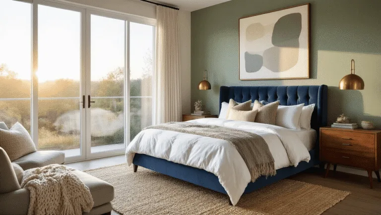 A luxurious master bedroom with a navy velvet tufted headboard, sage green accent wall, and crisp white linens, featuring mid-century modern furniture, oversized abstract artwork, and natural elements like a fiddle leaf fig. The scene is illuminated by golden hour sunlight through floor-to-ceiling windows, showcasing rich textures and a hyper-realistic photographic style.