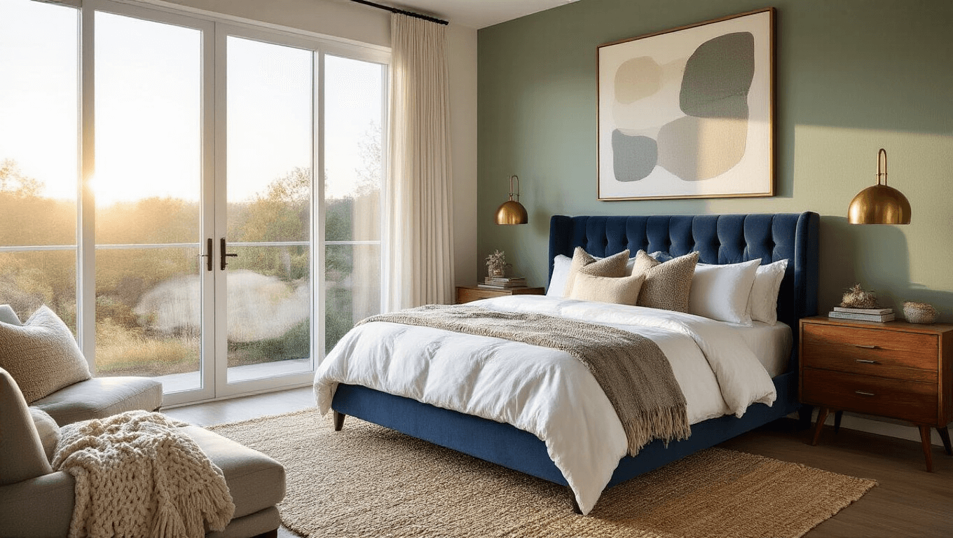 A luxurious master bedroom with a navy velvet tufted headboard, sage green accent wall, and crisp white linens, featuring mid-century modern furniture, oversized abstract artwork, and natural elements like a fiddle leaf fig. The scene is illuminated by golden hour sunlight through floor-to-ceiling windows, showcasing rich textures and a hyper-realistic photographic style.