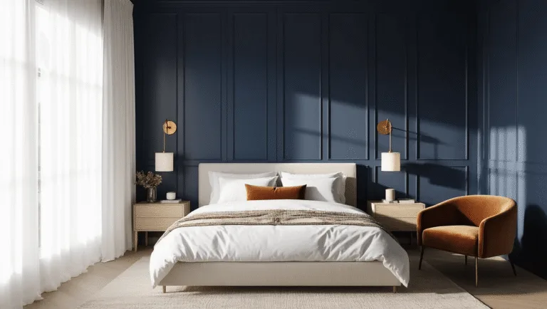A luxurious master bedroom featuring a navy blue board and batten accent wall, a low-profile platform bed with white linens, brass sconces, minimalist nightstands, a cognac velvet accent chair, and a muted geometric area rug, all illuminated by soft, natural light during golden hour.