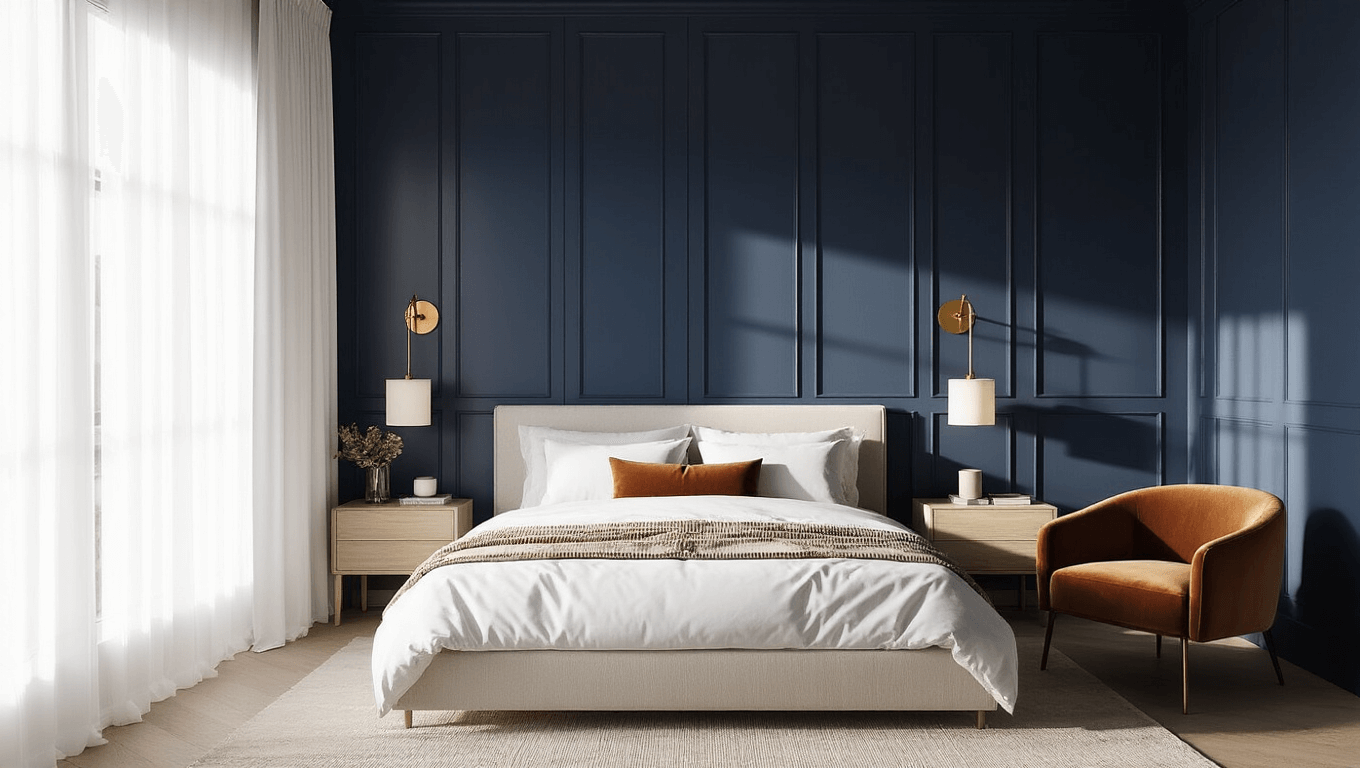 A luxurious master bedroom featuring a navy blue board and batten accent wall, a low-profile platform bed with white linens, brass sconces, minimalist nightstands, a cognac velvet accent chair, and a muted geometric area rug, all illuminated by soft, natural light during golden hour.