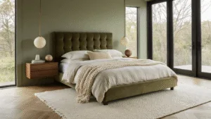 Bedroom Decor Makeover: 10 Transformative Design Ideas to Elevate Your Personal Sanctuary A serene modern bedroom with olive velvet tufted headboard, layered cream linen bedding, and floating walnut nightstands, bathed in warm golden hour light streaming through floor-to-ceiling windows, featuring bleached oak herringbone flooring and a textured wool area rug.