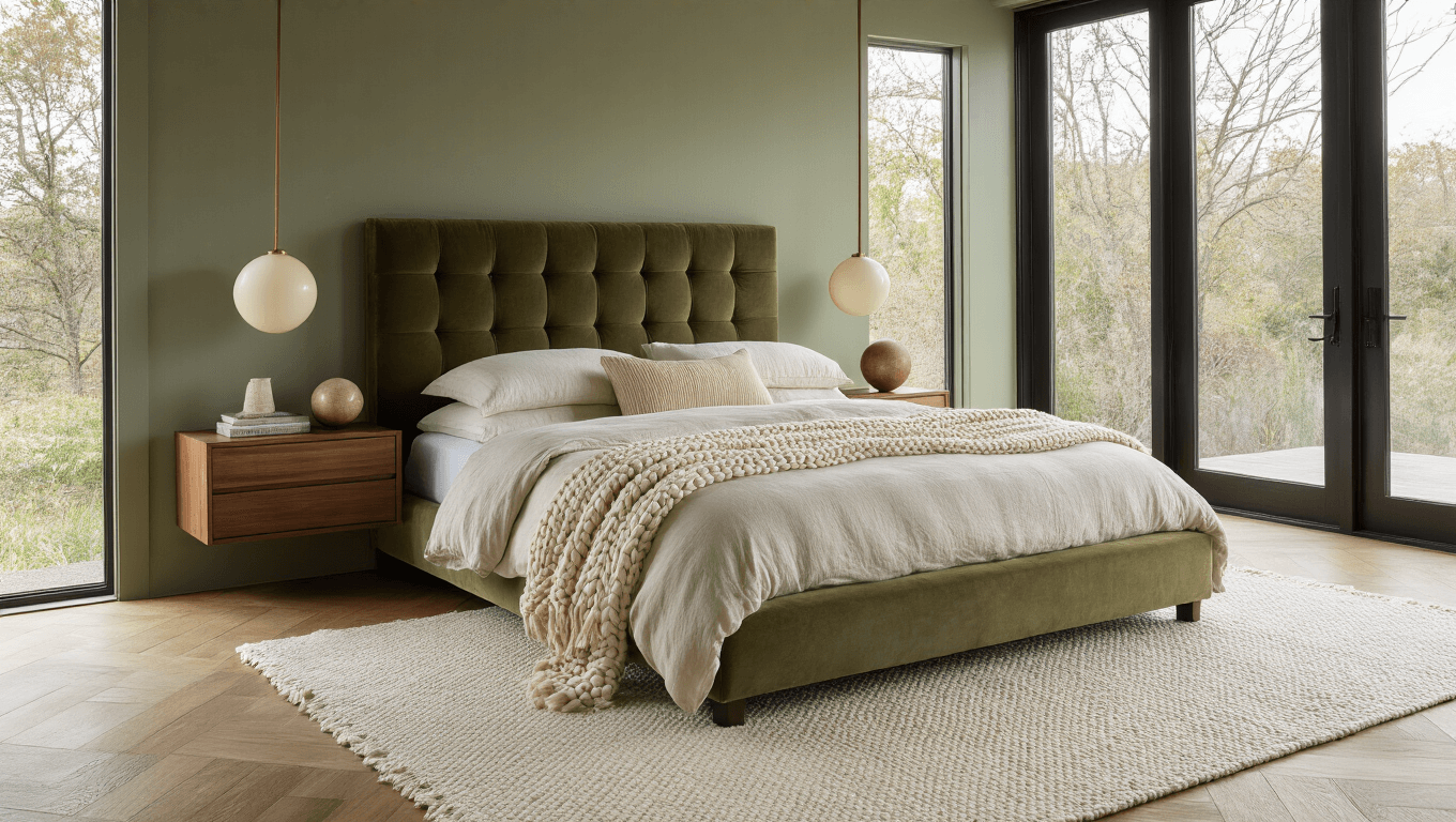 A serene modern bedroom with olive velvet tufted headboard, layered cream linen bedding, and floating walnut nightstands, bathed in warm golden hour light streaming through floor-to-ceiling windows, featuring bleached oak herringbone flooring and a textured wool area rug.