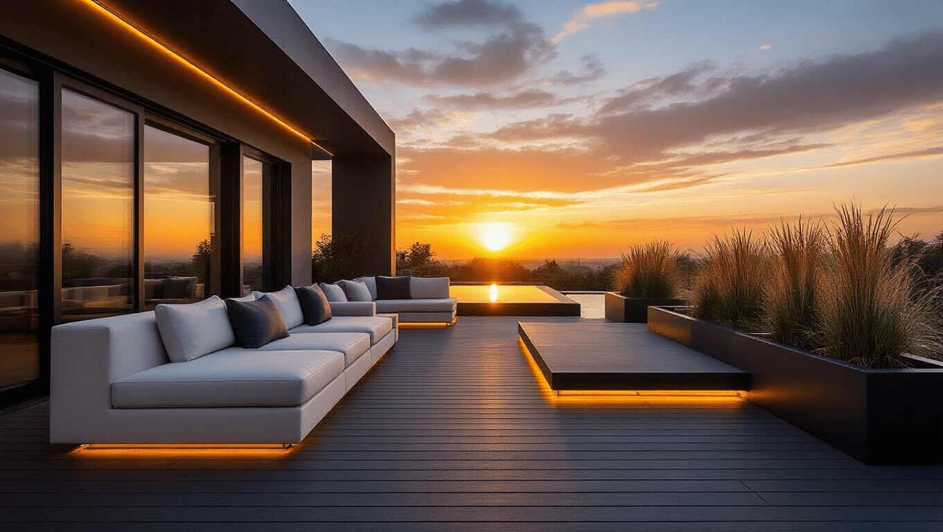 A cinematic ultra-wide shot of a luxurious L-shaped black composite deck at sunset, featuring dramatic shadows, modern seating, LED lighting, and ornamental grasses, captured in hyper-realistic detail with teal and orange color grading.