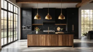 Black and Wood Kitchen: The Ultimate Modern Sanctuary of Style and Warmth Photorealistic modern luxury kitchen featuring matte black cabinets, a walnut wood island, brass pendant lights, and natural sunlight filtering through large windows, highlighted by black marble countertops and minimalist decor, captured in high detail with volumetric lighting and soft depth of field.