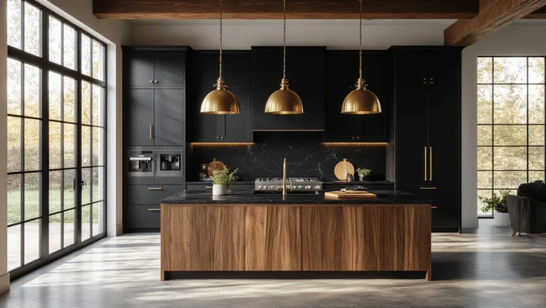 Photorealistic modern luxury kitchen featuring matte black cabinets, a walnut wood island, brass pendant lights, and natural sunlight filtering through large windows, highlighted by black marble countertops and minimalist decor, captured in high detail with volumetric lighting and soft depth of field.