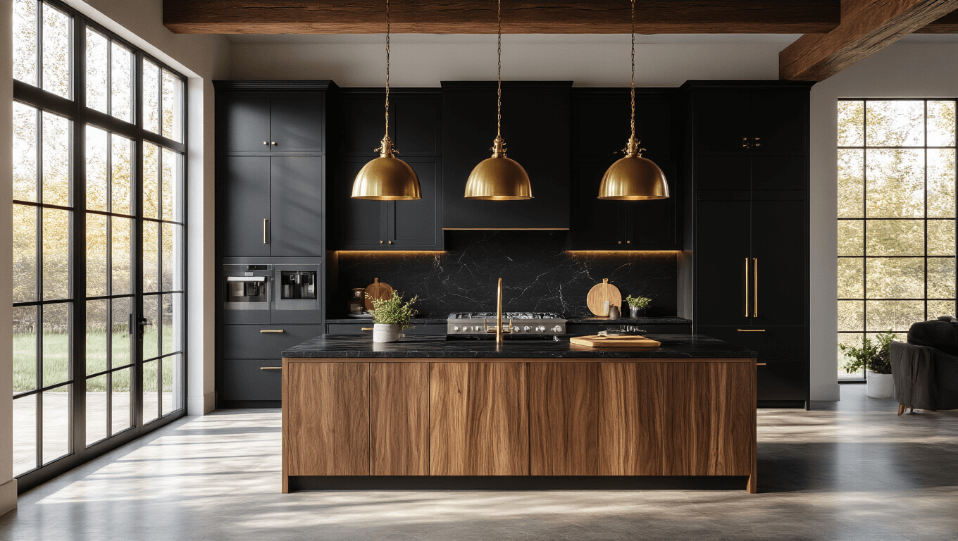 Photorealistic modern luxury kitchen featuring matte black cabinets, a walnut wood island, brass pendant lights, and natural sunlight filtering through large windows, highlighted by black marble countertops and minimalist decor, captured in high detail with volumetric lighting and soft depth of field.