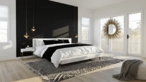Black and White Bedrooms: A Timeless Design Masterpiece A luxurious modern master bedroom with a black accent wall, king-size platform bed, and floor-to-ceiling windows, captured during golden hour with cinematic lighting and hyperrealistic detail.