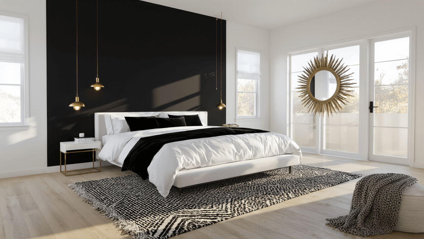 A luxurious modern master bedroom with a black accent wall, king-size platform bed, and floor-to-ceiling windows, captured during golden hour with cinematic lighting and hyperrealistic detail.