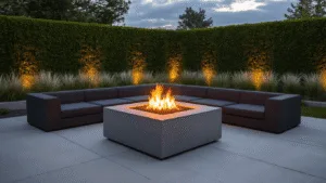 Concrete Fire Pits: The Ultimate Guide to Creating Your Backyard Centerpiece Photorealistic image of a modern square concrete fire pit surrounded by charcoal sectional seating in a minimalist backyard at twilight, with warm flames and subtle smoke creating a cozy atmosphere, illuminated by architectural LED uplighting against geometric hedges and silver grass.