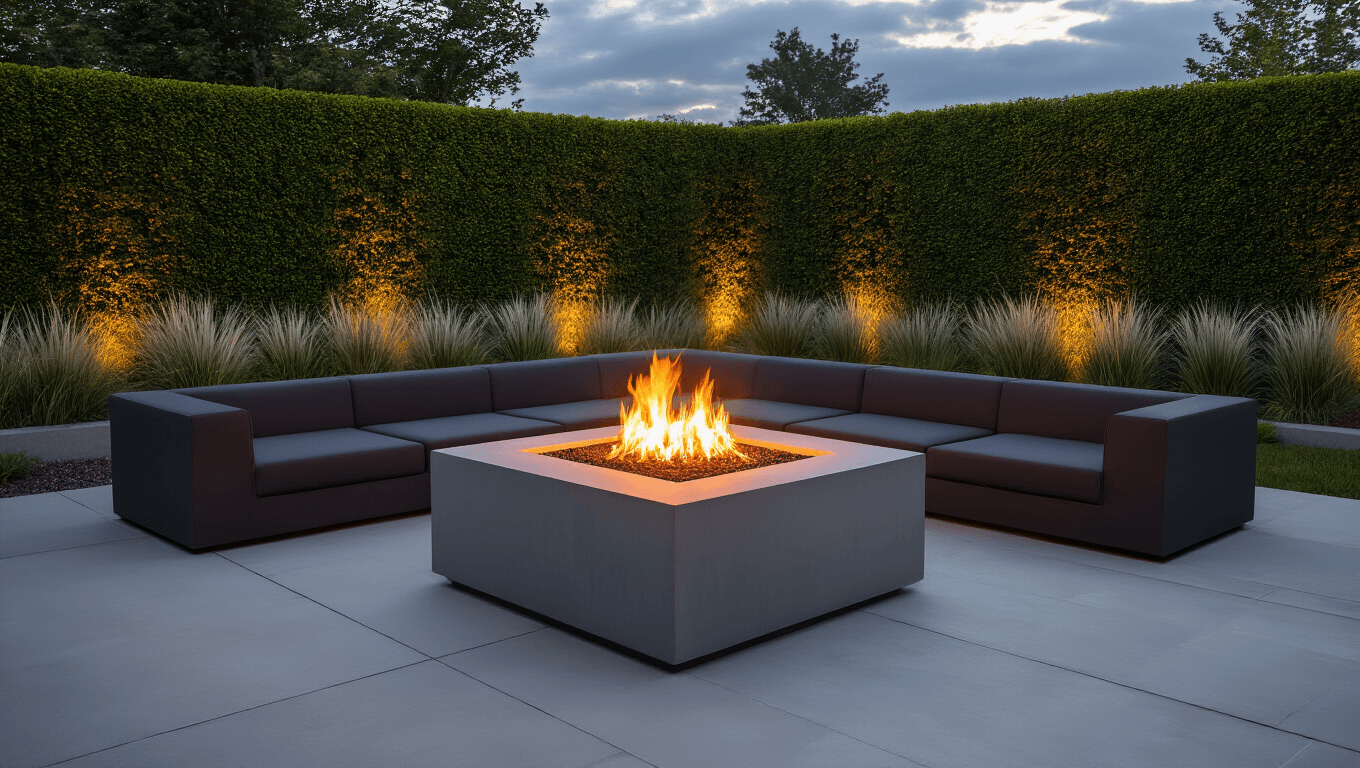Photorealistic image of a modern square concrete fire pit surrounded by charcoal sectional seating in a minimalist backyard at twilight, with warm flames and subtle smoke creating a cozy atmosphere, illuminated by architectural LED uplighting against geometric hedges and silver grass.