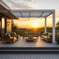 A luxurious corner deck at sunset featuring a charcoal composite deck, sleek white aluminum pergola, mid-century modern furniture with sage green cushions, potted plants, string lights, and a small water feature, all captured in a warm, photorealistic style.