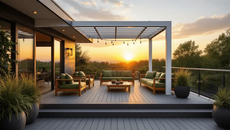 Corner Decking Ideas: Transform Unused Spaces into Outdoor Retreats A luxurious corner deck at sunset featuring a charcoal composite deck, sleek white aluminum pergola, mid-century modern furniture with sage green cushions, potted plants, string lights, and a small water feature, all captured in a warm, photorealistic style.