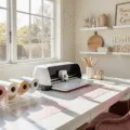 A modern, sunlit craft room featuring a Cricut Maker on a white desk, organized vinyl rolls in blush and gold, a dusty rose velvet chair, and ongoing wedding project with metallic vinyl. Floating shelves display finished personalized items and a wedding mood board is pinned on a cork board with soft, pastel decor.