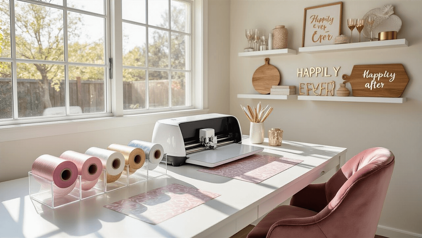 A modern, sunlit craft room featuring a Cricut Maker on a white desk, organized vinyl rolls in blush and gold, a dusty rose velvet chair, and ongoing wedding project with metallic vinyl. Floating shelves display finished personalized items and a wedding mood board is pinned on a cork board with soft, pastel decor.
