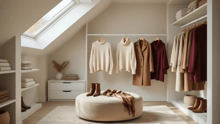 A minimalist walk-in closet with a curated fall wardrobe, featuring cream cashmere sweaters, camel coats, and burgundy knits on white wooden hangers, with natural light illuminating a plush beige ottoman displaying leather boots and a silk scarf.